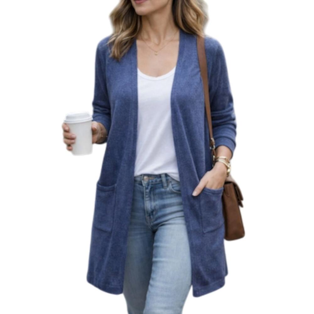 J. JILL Linen Blend Open Front Knit Cardigan Women S Blue Coastal Beach Resort